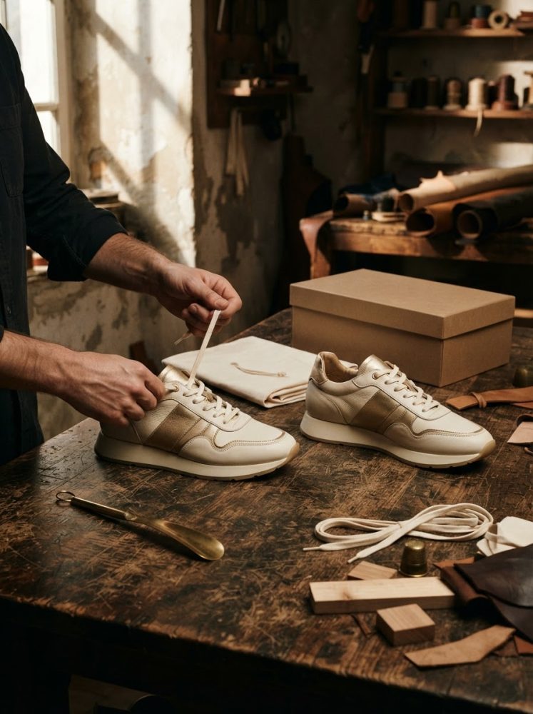 Sapatilhas bege com detalhes dourados em mesa rústica de atelier artesanal