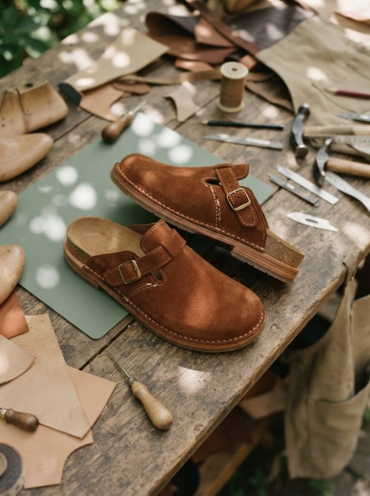 Sapatos castanhos de camurça com fivela sobre mesa com ferramentas de trabalho em couro