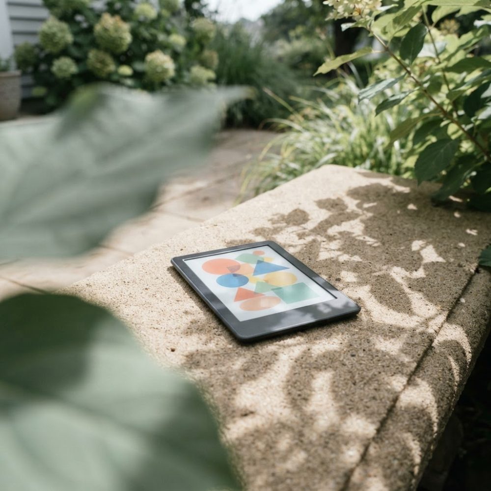 Leitor digital com padrões coloridos num banco de pedra exterior rodeado de plantas verdes