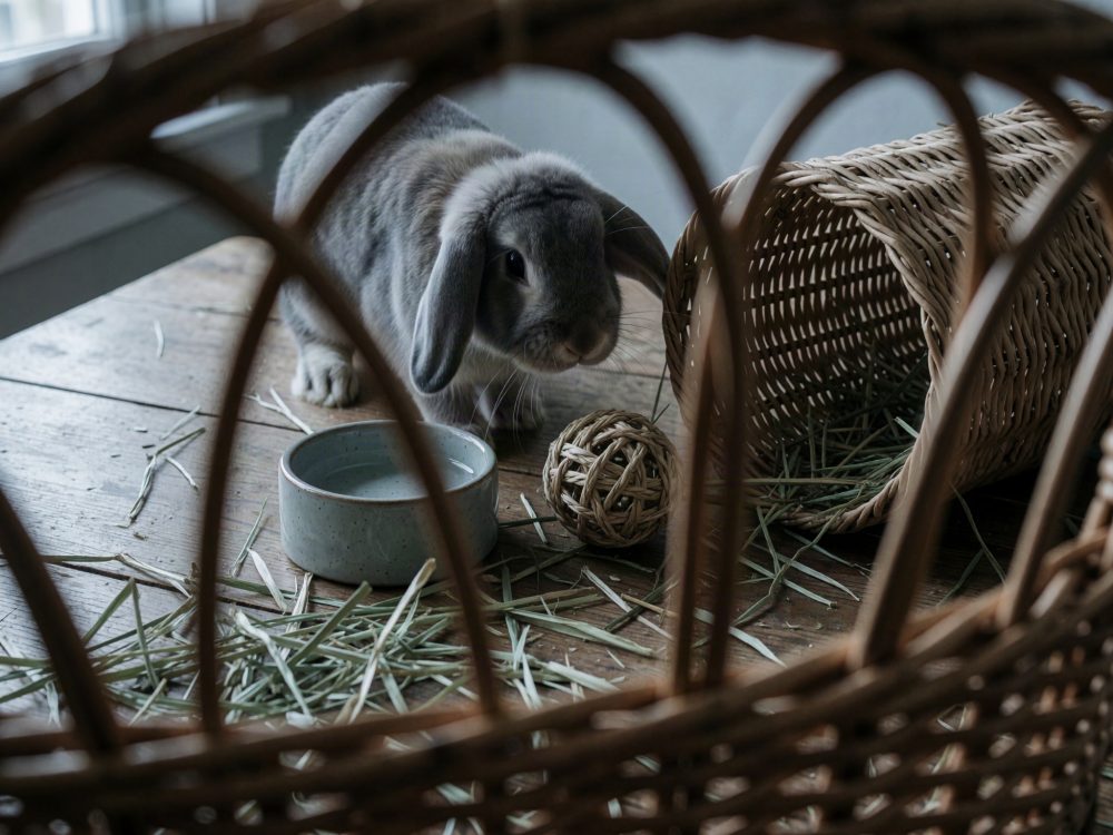 Coelho cinzento com cabeça baixa perto de taça de água e brinquedos de vime sobre mesa de madeira