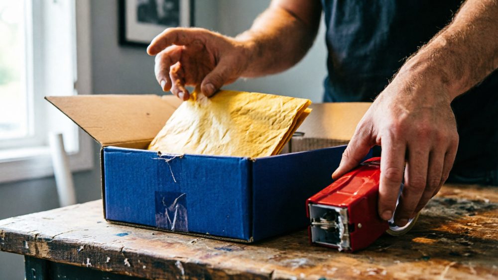 Pessoa a embalar uma caixa azul com envelopes pardo numa mesa de madeira rústica