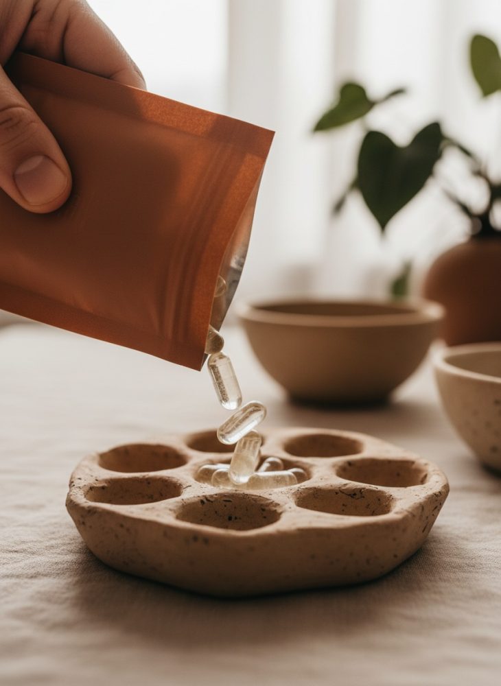 Mãos a despejar cápsulas transparentes de pacote castanho para prato de cerâmica com cavidades