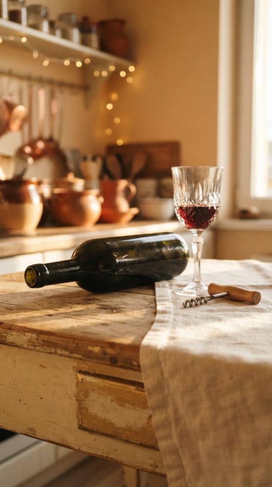 Mesa de madeira com garrafa de vinho, taça com vinho tinto e saca-rolhas em cozinha rústica