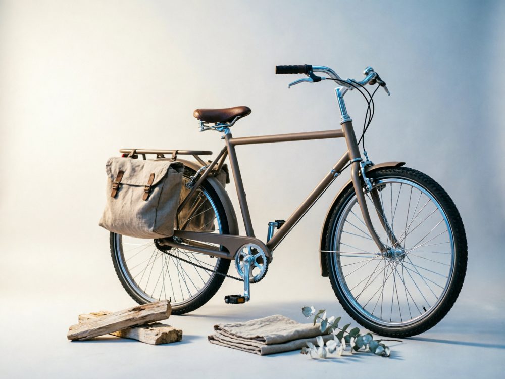 Bicicleta castanha clássica com saco lateral de tecido, sobre fundo claro com acessórios rústicos