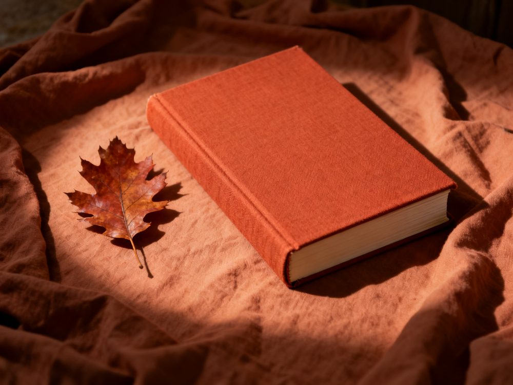 Livro de capa dura laranja sobre tecido laranja com folha seca de outono ao lado