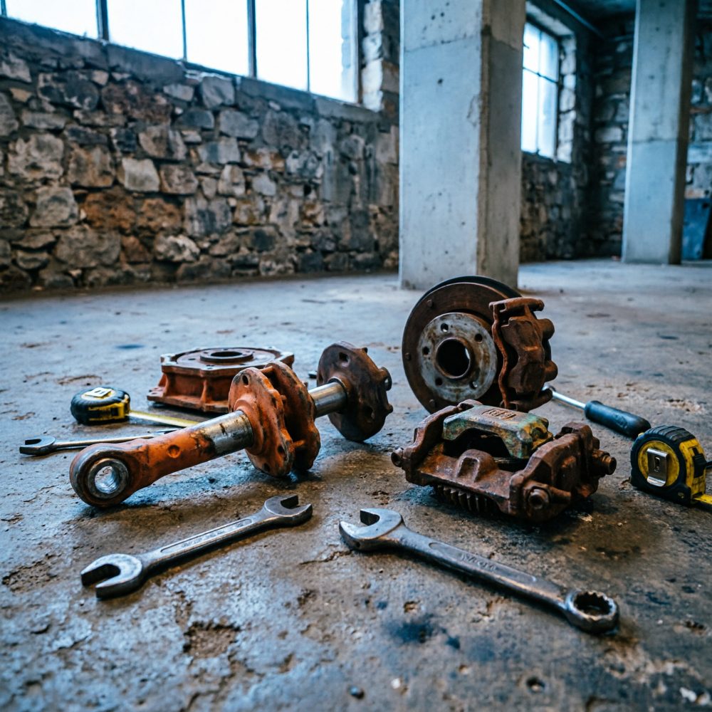 Peças automóveis ferrugentas e ferramentas antigas sobre chão de cimento em garagem rústica