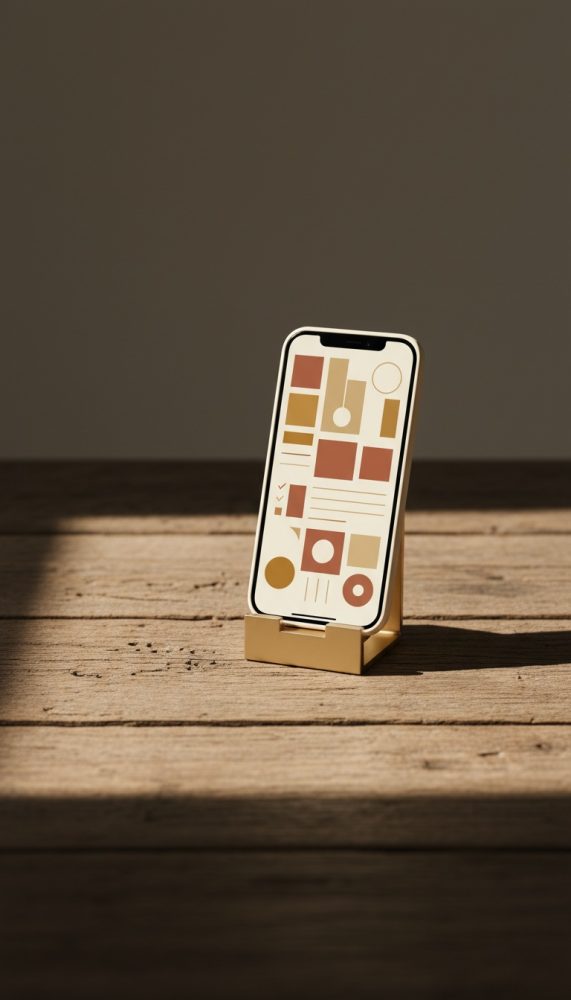 Smartphone com interface digital minimalista em suporte dourado sobre mesa de madeira rústica