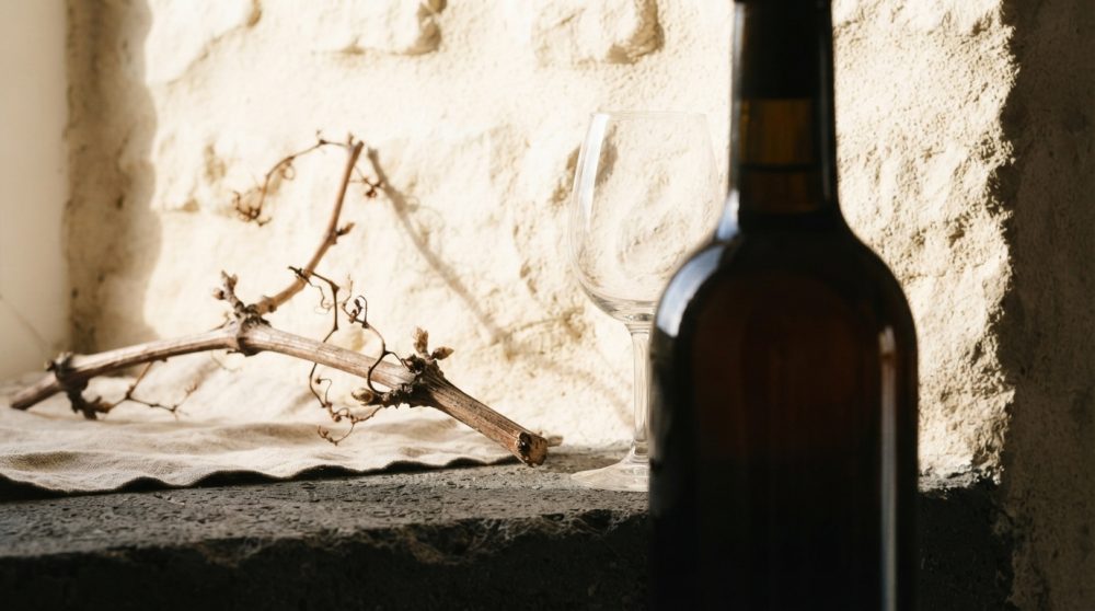 Garrafa de vinho com taça e rama de videira seca sobre superfície rústica com luz natural