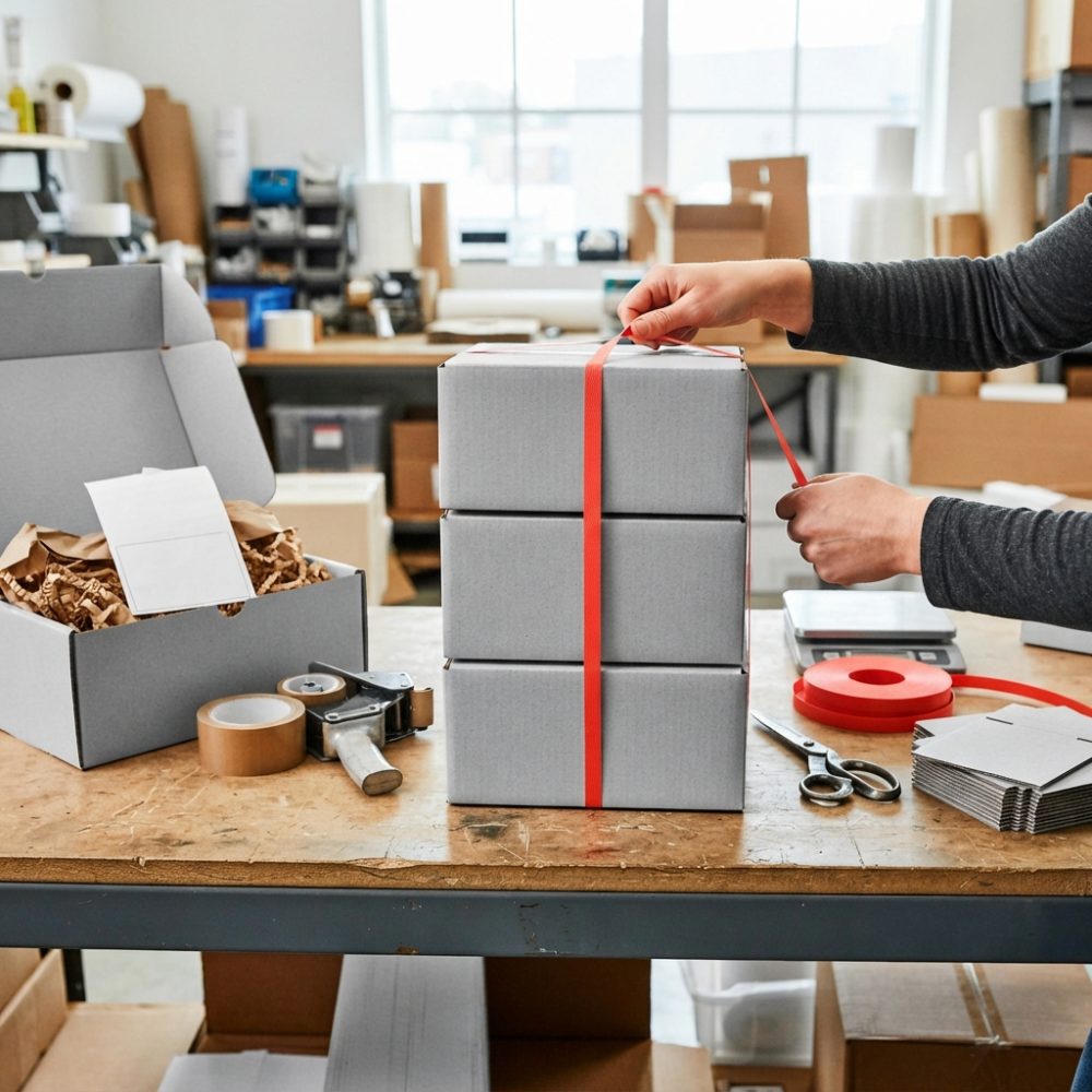 Mesa com três caixas cinzentas a ser amarradas com fita vermelha para envio