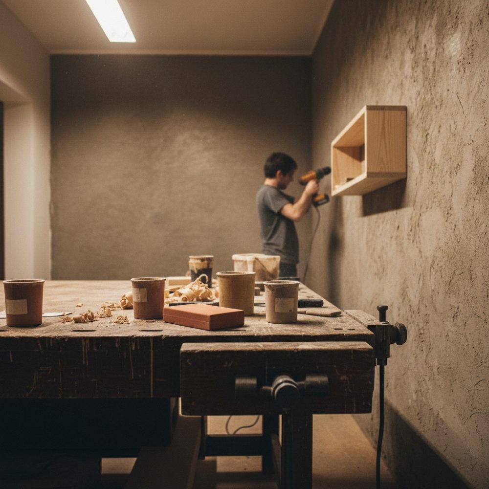 Pessoa a montar prateleira de madeira com furadeira numa oficina de bricolage com mesa e ferramentas
