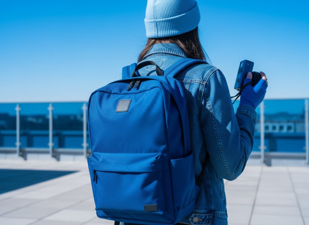 Pessoa de costas com mochila azul, casaco de ganga e gorro segurando uma câmara em área urbana exterior