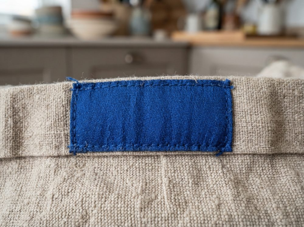Etiqueta azul costurada em tecido cru com textura rústica em fundo desfocado