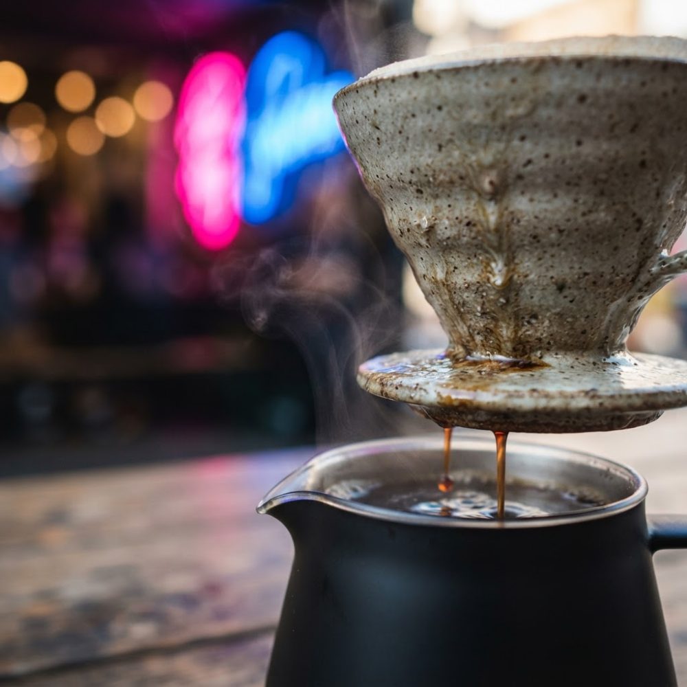 Café a escorrer de um coador cerâmico para uma jarra preta com vapor e fundo desfocado colorido