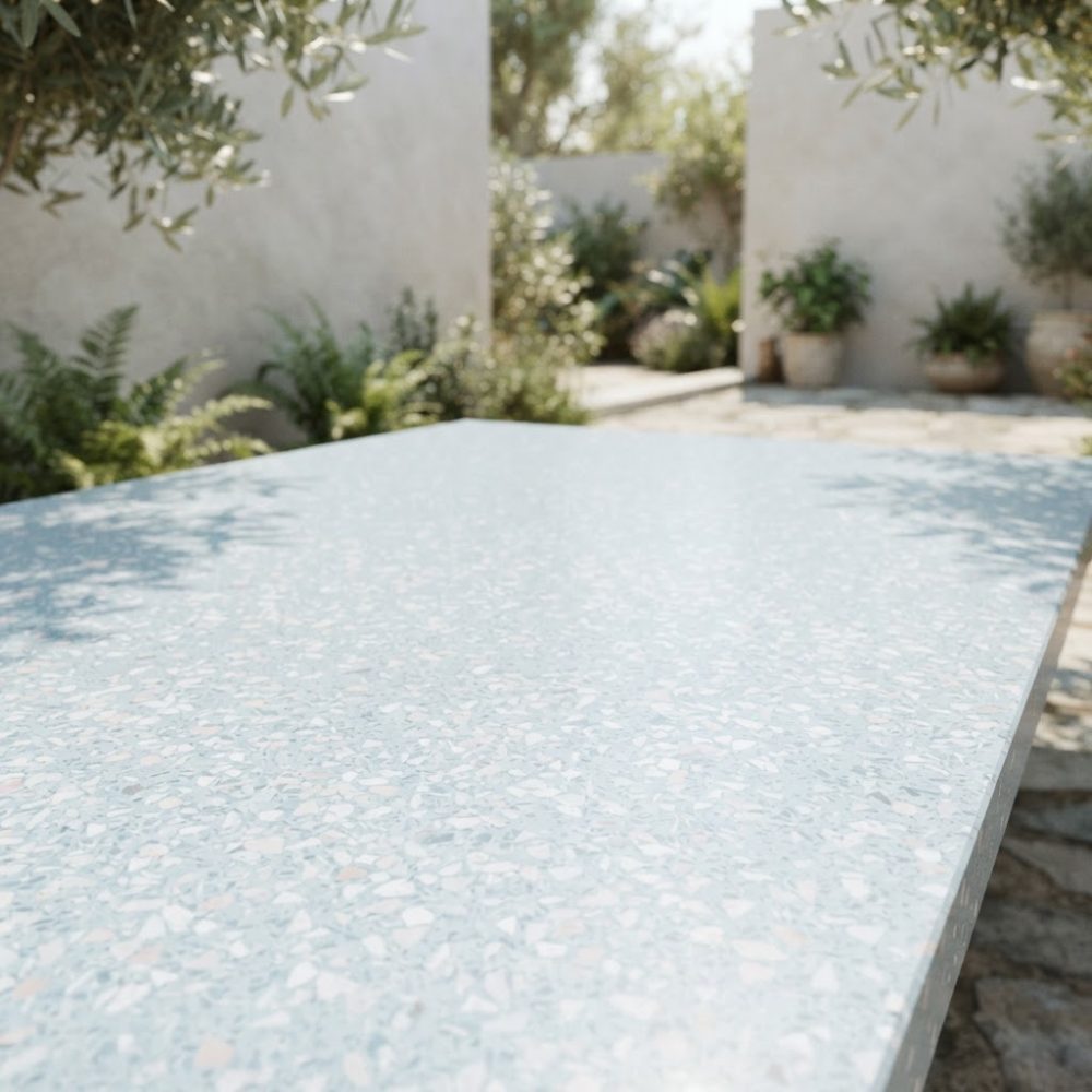 Mesa exterior com tampo em terrazzo azul claro e plantas ao fundo em ambiente luminoso