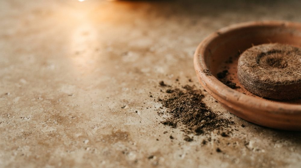 Disco de turfa em prato de barro com terra espalhada numa superfície rústica de tons terrosos