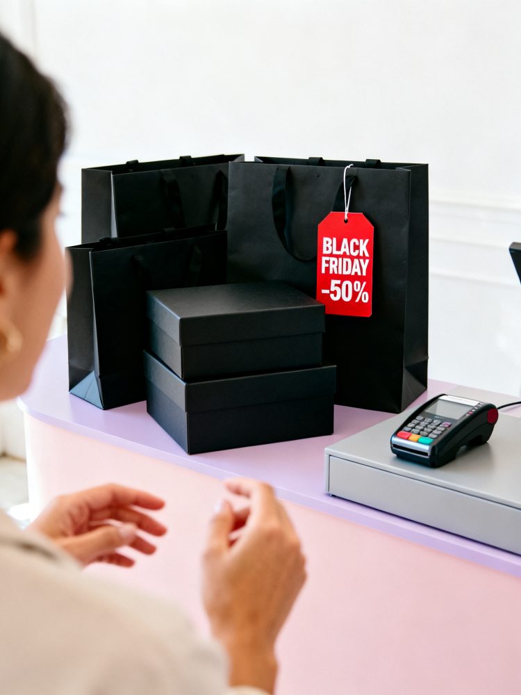 Sacos e caixas pretas com etiqueta Black Friday e terminal de pagamento numa mesa roxa e rosa