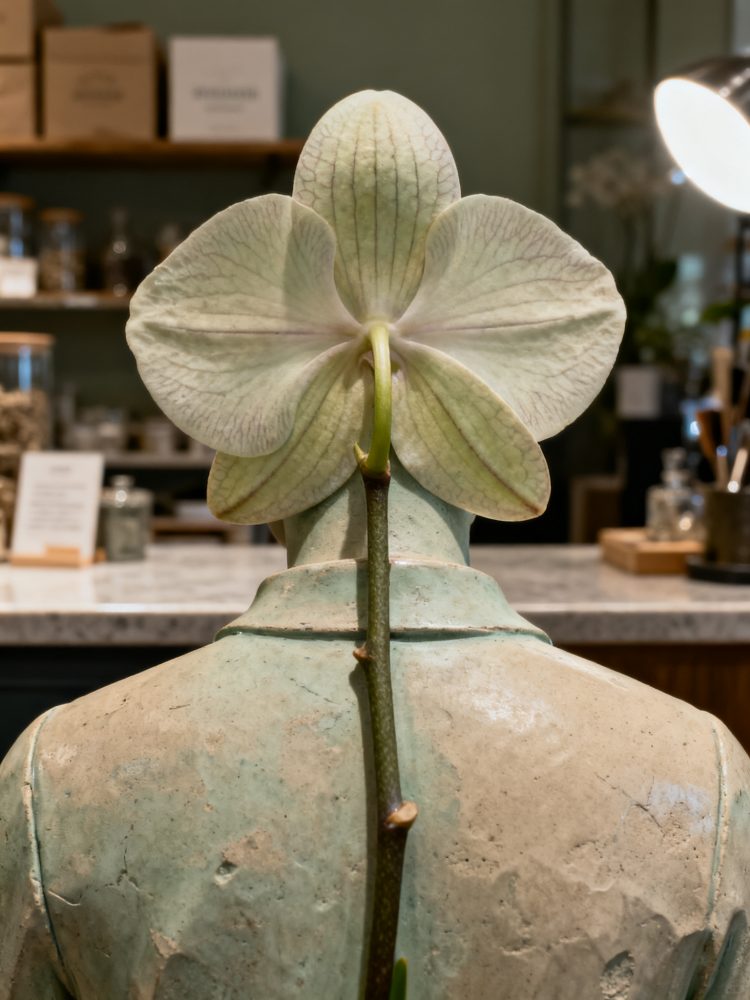 Orquídea branca vista de trás com pétalas e veias detalhadas sobre uma escultura de busto envelhecida