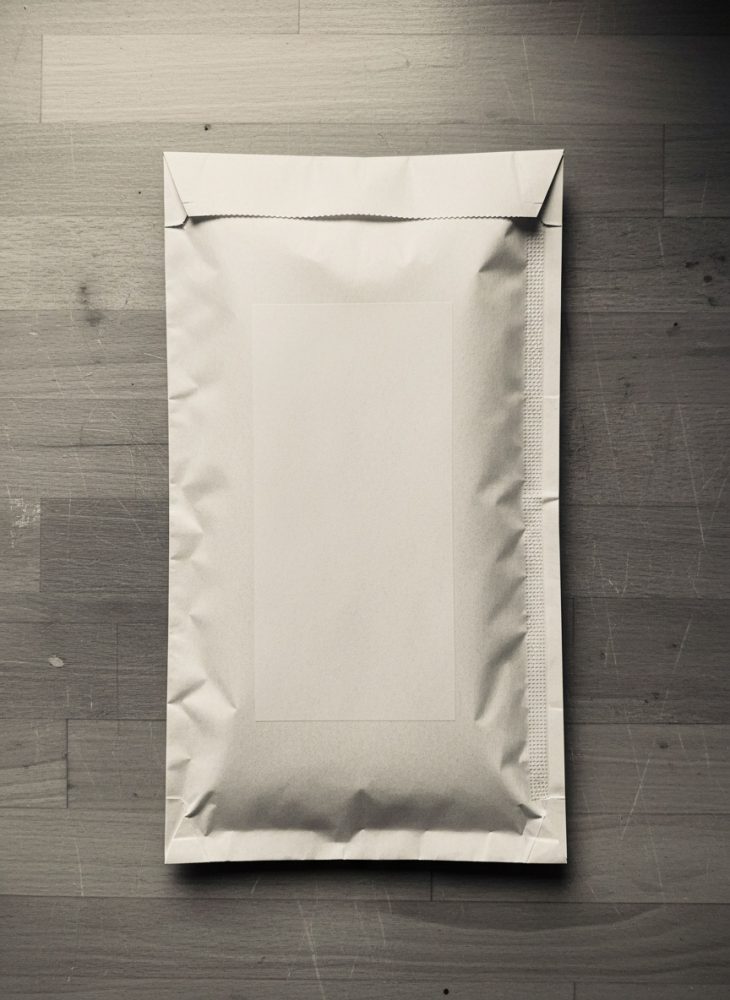 Envelope almofadado branco fechado sobre superfície de madeira clara