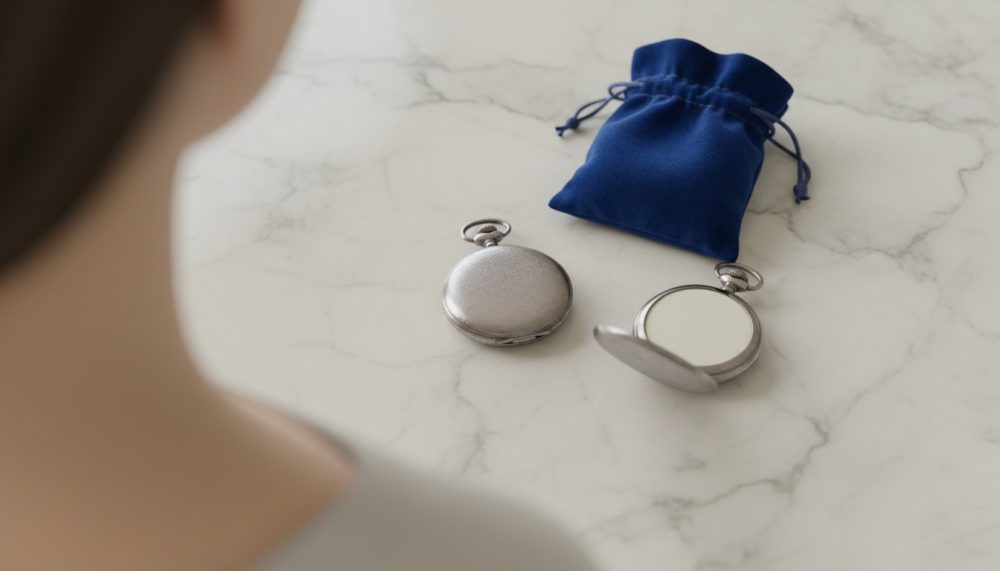 Dois relógios de bolso prateados e uma bolsa azul sobre mesa de mármore branca