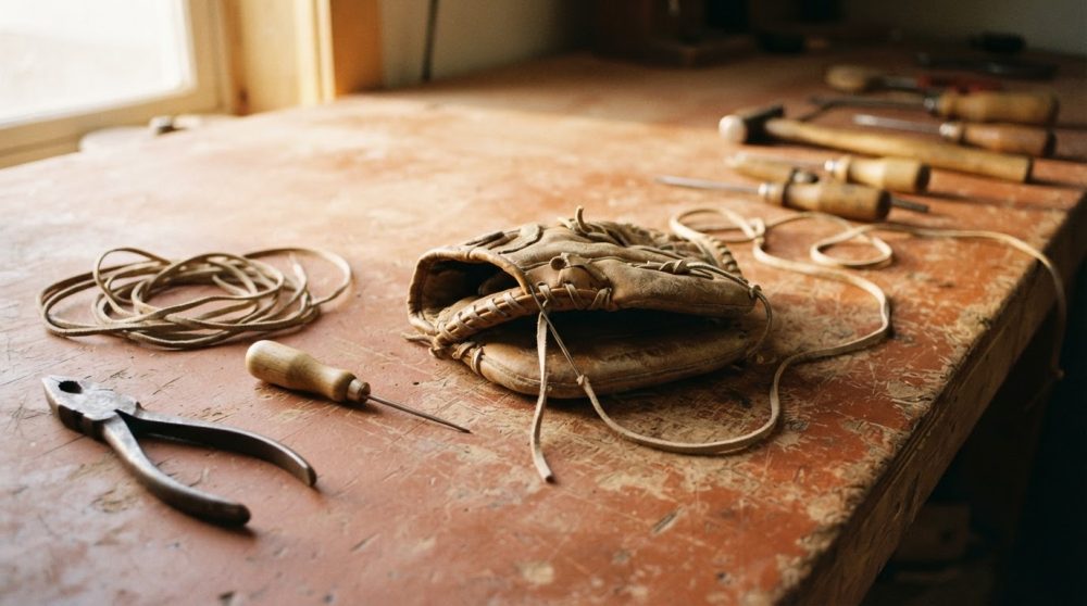 Luvas de baseball usadas e ferramentas de reparação sobre bancada de madeira gasta com luz natural