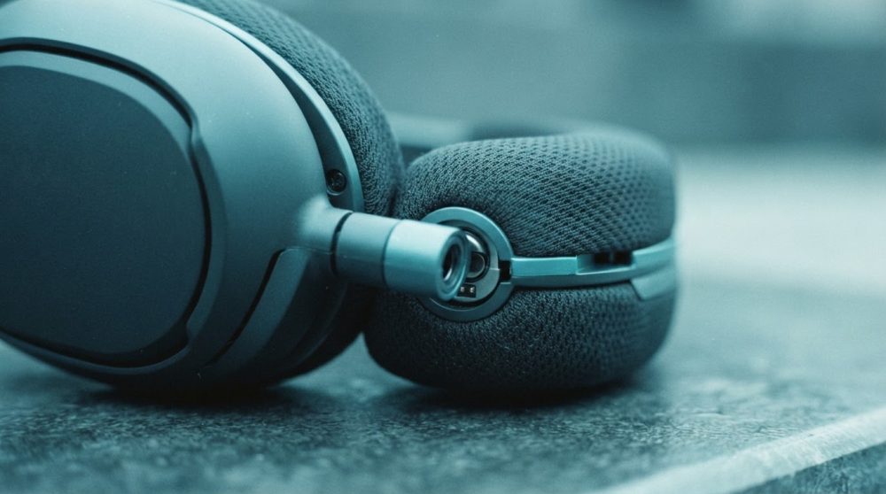 Auscutadores gaming em malha preta com detalhes metálicos sobre superfície cinzenta