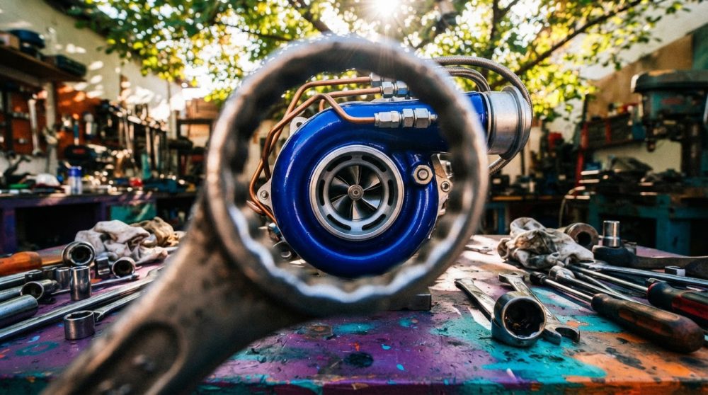 Turbocompressor azul na bancada de oficina com ferramentas e luz natural