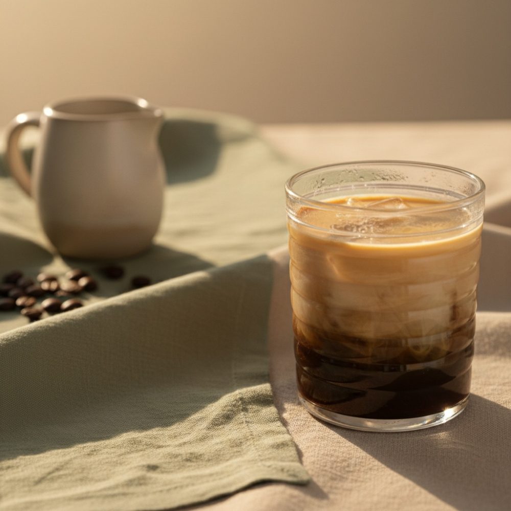 Copo de vidro com café gelado e leite sobre toalha verde, jarra branca e grãos de café ao fundo