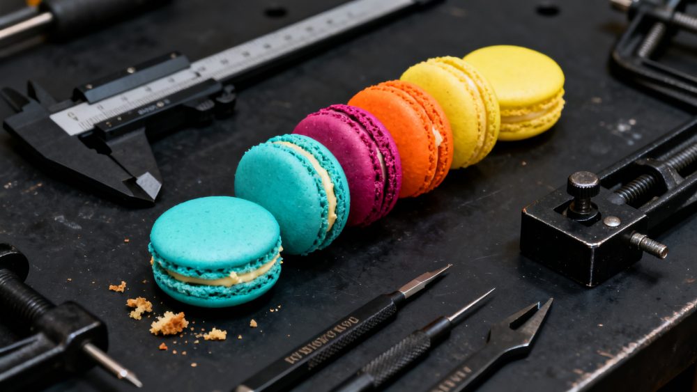 Seis macarons coloridos alinhados sobre mesa escura com várias ferramentas metálicas industriais ao redor
