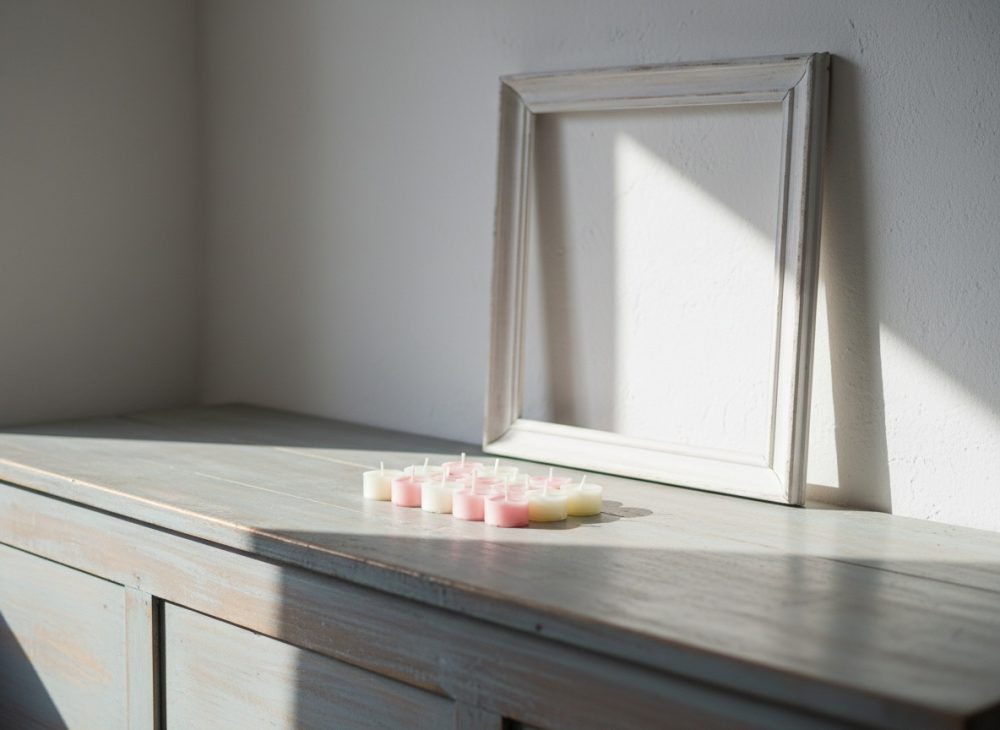 Conjunto de pequenas velas coloridas sobre móvel de madeira com moldura vazia ao lado