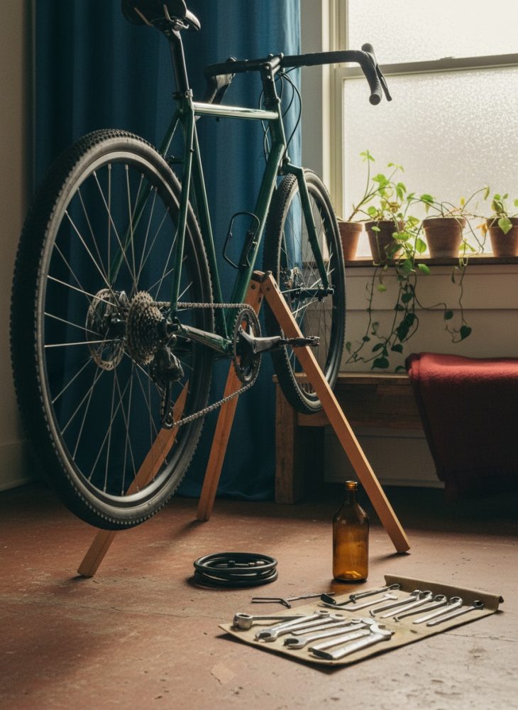 Bicicleta verde em suporte de madeira com ferramentas de manutenção no chão, num espaço interior com plantas e luz natural