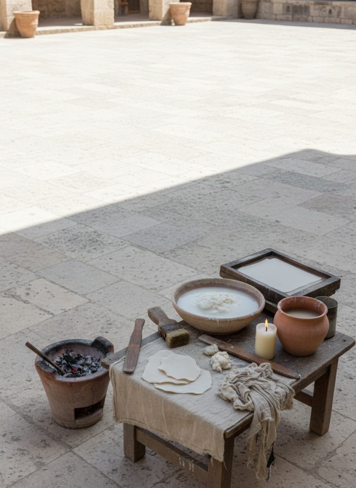 Mesa com materiais e ferramentas para artesanato tradicional num piso de pedra clara iluminado por luz natural