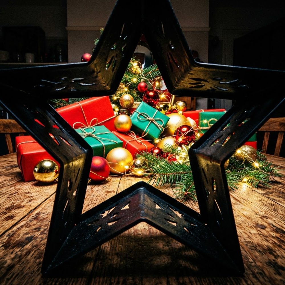 Estrela metálica preta enquadra presentes e bolas de Natal em mesa de madeira com luzes e ramos de pinheiro.