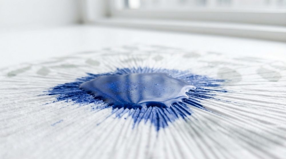 Gota espessa de tinta azul com padrões radiais em superfície branca texturada