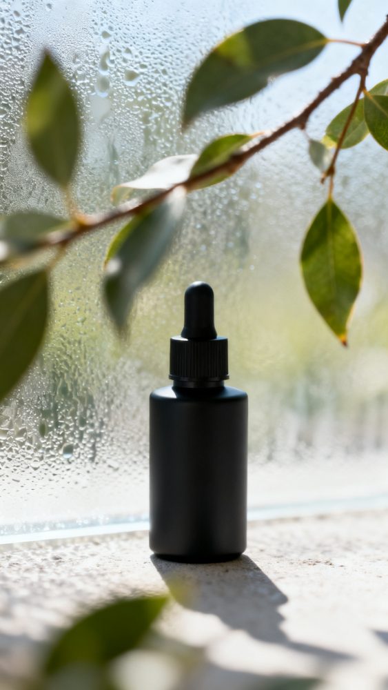 Frasco preto com conta-gotas junto a folhas verdes e vidro com gotas de água