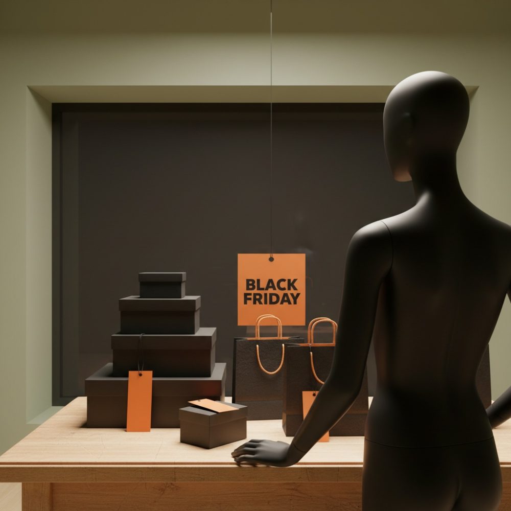 Manequim preto diante de montra com caixas e sacos de compras Black Friday
