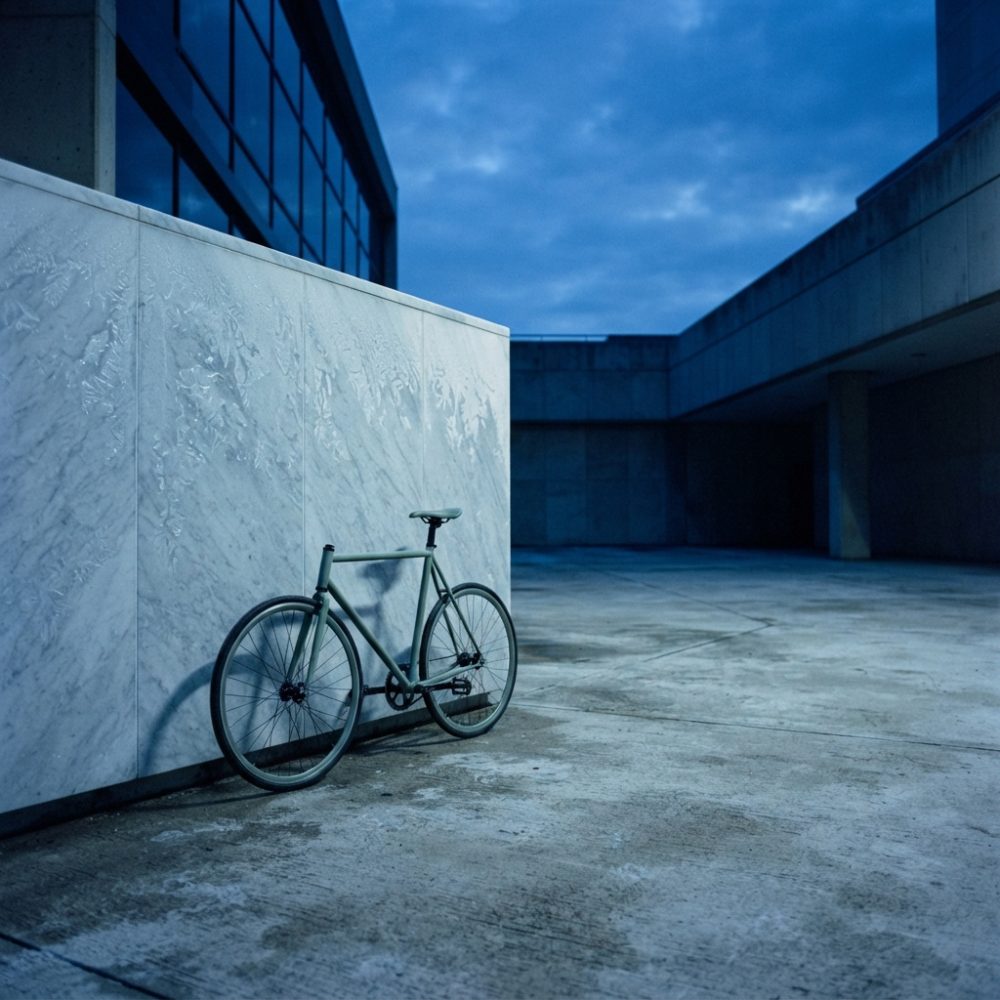 Bicicleta urbana minimalista encostada a parede de mármore branco em ambiente urbano ao entardecer