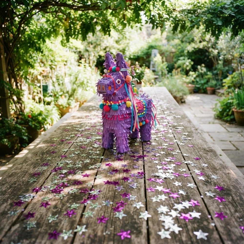 Piñata roxa decorada com pompons coloridos sobre mesa de madeira com confetti de estrelas num jardim