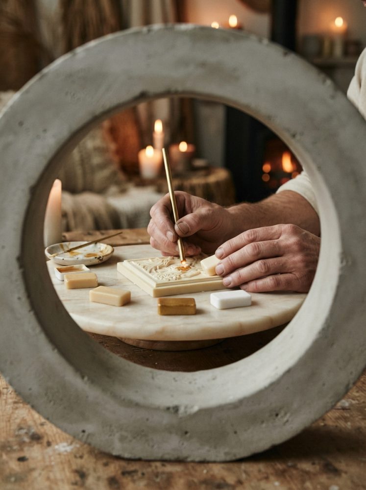 Mãos a trabalhar acabamento numa escultura com pastéis de cera e velas acesas ao fundo