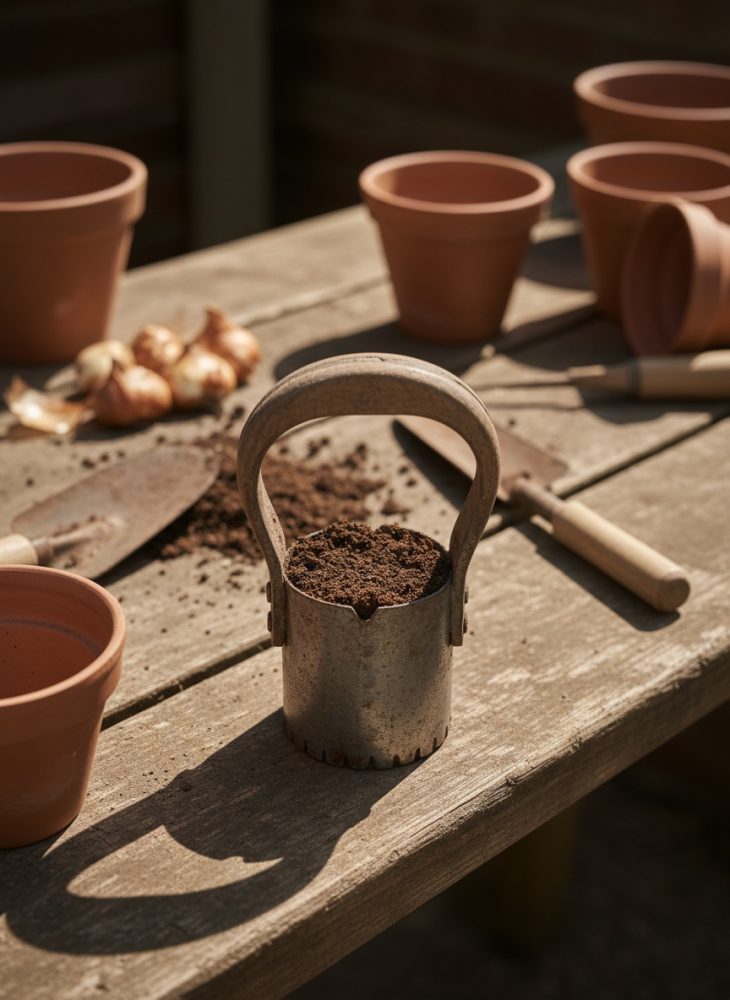 Vasos de barro, terra e ferramentas de jardinagem num banco de madeira rústico