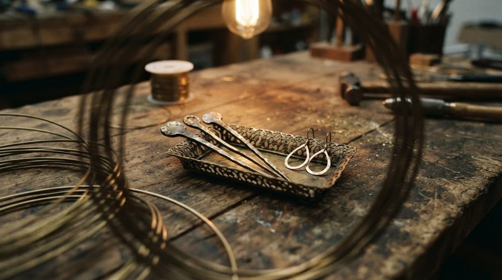 Mesa rústica com ferramentas, colheres metálicas, brincos e arames para artesanato manual