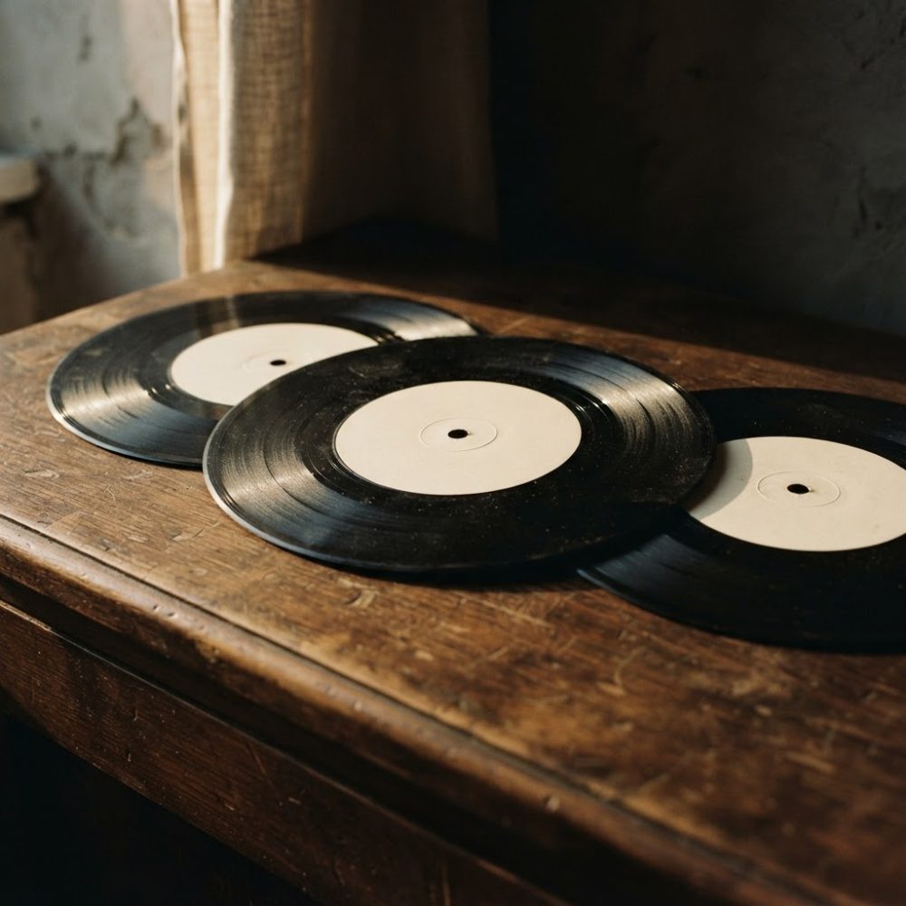 Três discos de vinil com etiquetas brancas sobre mesa de madeira rústica e luz natural suave