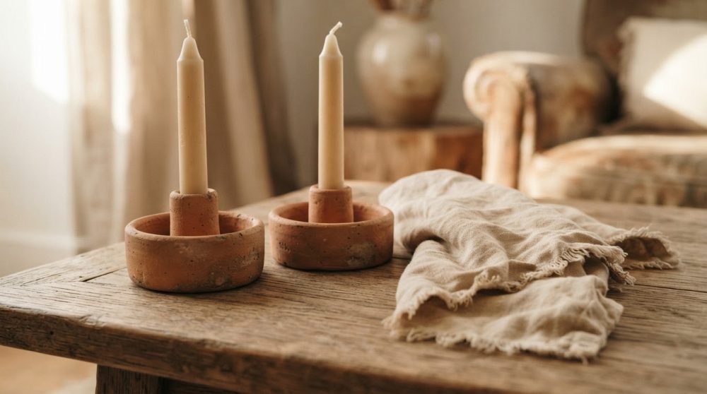 Duas velas creme em suportes cerâmicos sobre mesa de madeira com tecido bege ao lado
