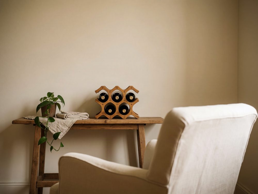 Suporte de madeira com seis vinhos, planta e cadeira estofada clara numa sala minimalista