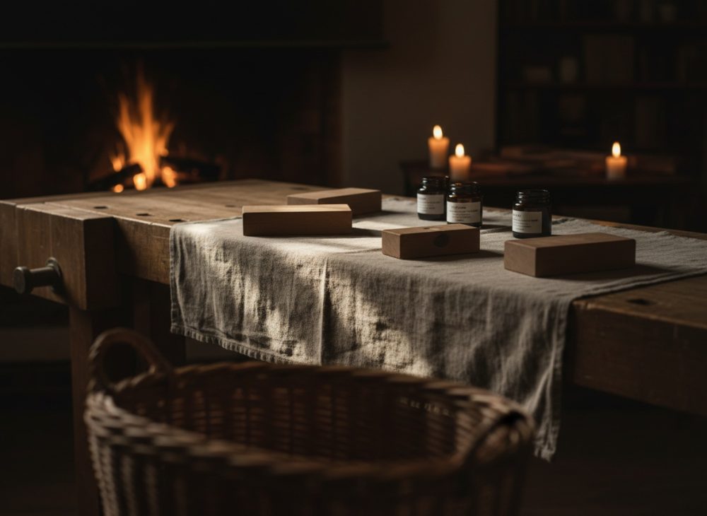 Mesa de madeira com blocos de madeira e frascos sobre tecido, velas acesas e lareira em ambiente acolhedor
