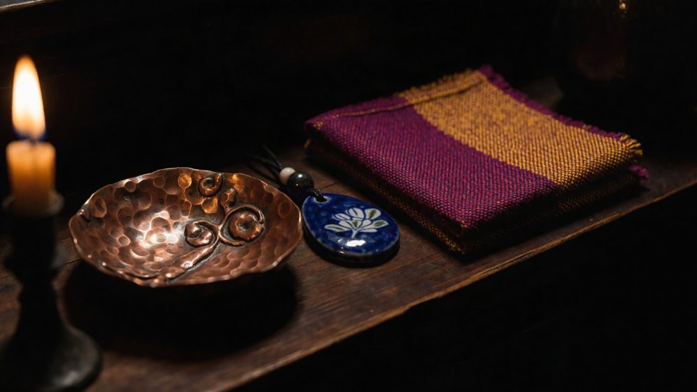 Conjunto artesanal com prato de cobre, tecido roxo e amarelo e pendente azul decorativo à luz de vela