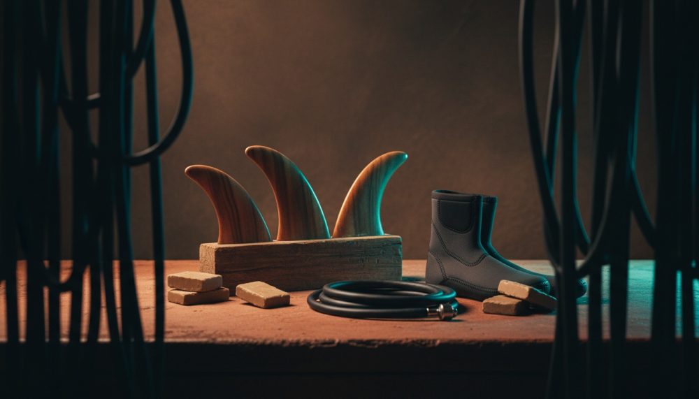 Quilhas de surf em madeira, bota de neoprene cinzenta e corda preta dispostos sobre mesa rústica
