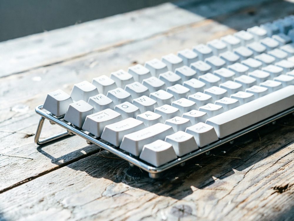 Teclado mecânico branco colocado sobre mesa de madeira rústica com textura visível
