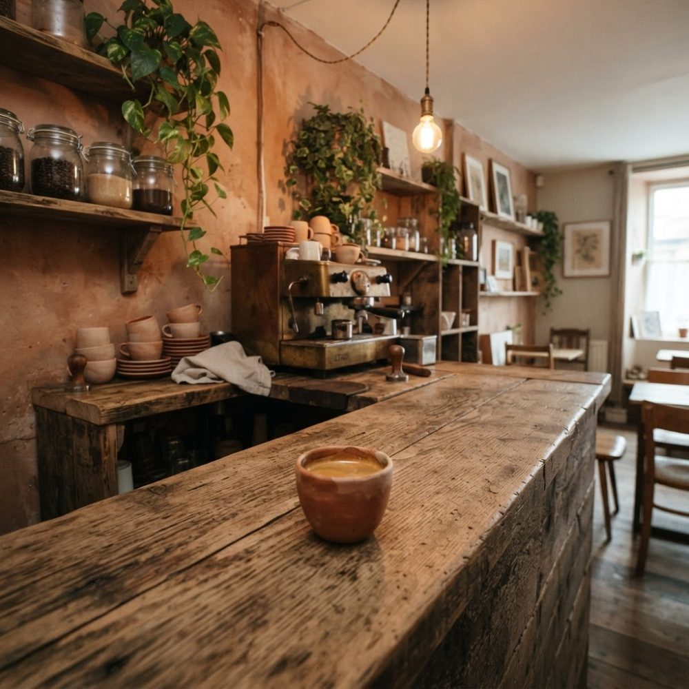 Interior de café rústico com balcão de madeira, máquina de café vintage e decoração com plantas