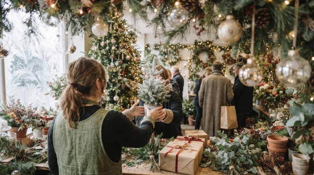 Duas mulheres trocando pequena árvore de Natal na loja decorada, com presentes e luzes natalícias.