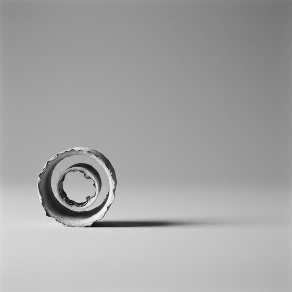 Concha espiral cinzenta com textura rugosa em fundo cinzento liso